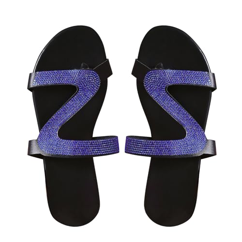 YANFJHV Sandalen Damen Zehentrenner Schwarz - Römersandalen Hausschuhe mit Strass Boho Sommersandalen Strandsandalen Rutschfest Sommer Damensandalen Slip on Flach Slippers Zehensandalen von YANFJHV