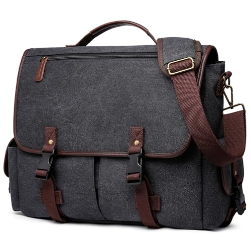 Laptop-Kuriertasche aus Segeltuch, Vintage-Stil, wasserabweisend, für Herren und Damen, College-Computer, Laptop-Umhängetasche, Reisen, Büro, Aktentaschen, Schwarz von YANHUAKEKE