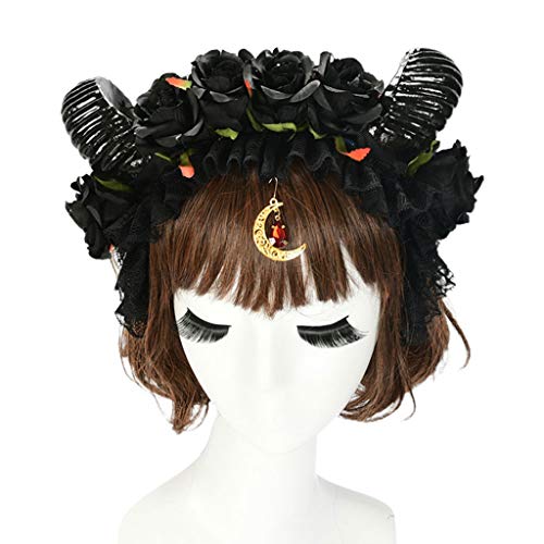 YAOGUI Halloween-Gothic-Stirnband, handgefertigt, Rose, Blume, Schafhorn, Haarreif, Spitze, Mond, Anhänger, Tropfen-Kopfschmuck, Haarbänder für Damenhaar, mit Knöpfen von YAOGUI