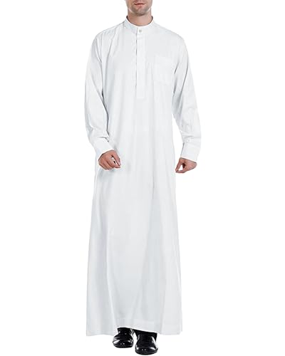 YAOHUOLE Herren Abaya Robe Muslim Kaftan Thobe Langes Kleid Casual Langarm Hemd Knopfleiste Mit Tasche, weiß, M von YAOHUOLE