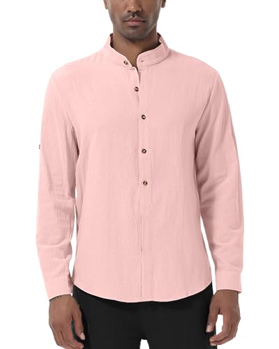 YAOHUOLE Leinenhemd Herren Langarm Henley Hemd Herren Regular Fit Freizeithemden Herren Rosa L von YAOHUOLE