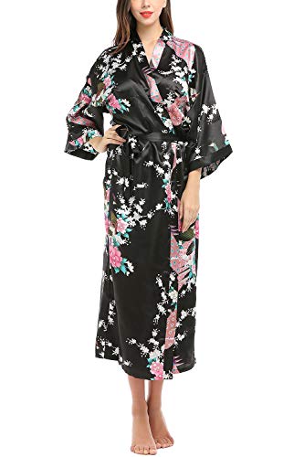 YAOMEI Damen Morgenmantel Kimono In voller Länge, Seidig Satin Nachtwäsche Bademantel Robe Kirschblüten Kimono Negligee Seidenrobe locker Schlafanzug Erweiterte Version (Schwarz) von YAOMEI