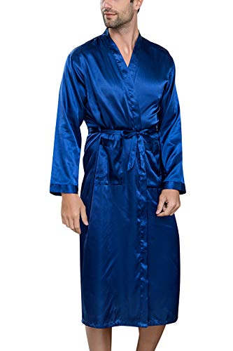 YAOMEI Herren Morgenmantel Bademäntel Kimono Lang, Satin Nachtwäsche Bademantel Robe Negligee locker Schlafanzug mit V Ausschnitt mit Gürtel Taschen (XL, Blau) von YAOMEI