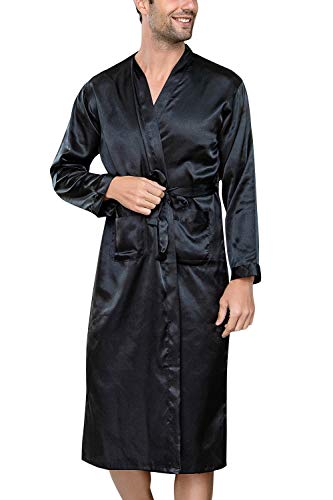 YAOMEI Herren Morgenmantel Bademäntel Kimono Lang, Satin Nachtwäsche Bademantel Robe Negligee locker Schlafanzug mit V Ausschnitt mit Gürtel Taschen (XL, Schwarz) von YAOMEI