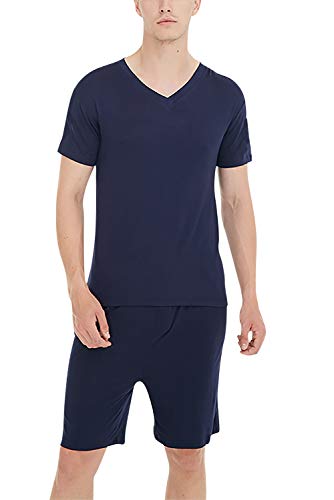 YAOMEI Herren Schlafanzug, 2020 Modale Baumwolle Kurz Zweiteiliger Pyjamas Frühling Sommer, Herren Schlafanzug Luxus Sommer Dessous Tshirt Top mit kurzen Hosen Hose L XL XXL (2XL, Blau) von YAOMEI