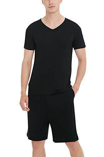 YAOMEI Herren Schlafanzug, 2020 Modale Baumwolle Kurz Zweiteiliger Pyjamas Frühling Sommer, Herren Schlafanzug Luxus Sommer Dessous Tshirt Top mit kurzen Hosen Hose L XL XXL (4XL, Schwarz) von YAOMEI