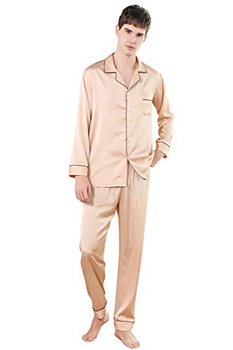 YAOMEI Herren Schlafanzug, 2021 Satin Paare lang Zweiteiliger Pyjamas Frühling Sommer, Herren Schlafanzug mit Überprüfen Sie geknöpftes Hemd Kragen mit Tasche L XL XXL (Gold, 3X_l) von YAOMEI