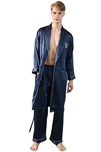 YAOMEI Herren Schlafanzug Morgenmantel, 2-in-1 Bademäntel Kimono + Schlafanzughose, Satin Nachtwäsche Bademantel Robe Negligee locker Schlafanzug Hose (L, Blau) von YAOMEI