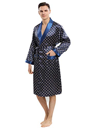 YAOMEI Herren Schlafanzug Morgenmantel, 2-in-1 Bademäntel Kimono + Schlafanzughose, Satin Nachtwäsche Bademantel Robe Negligee locker Schlafanzug Hose (L, Königsblau) von YAOMEI