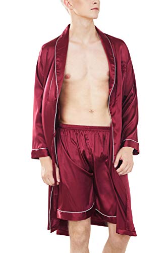 YAOMEI Herren Schlafanzug Morgenmantel, 2-in-1 Bademäntel Kimono + Schlafanzughose, Satin Nachtwäsche Bademantel Robe Negligee locker Schlafanzug Hose (L, Kurz - Rot) von YAOMEI