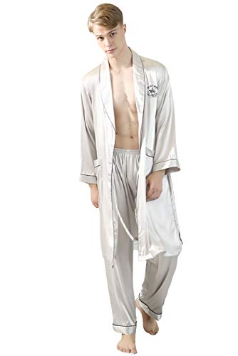 YAOMEI Herren Schlafanzug Morgenmantel, 2-in-1 Bademäntel Kimono + Schlafanzughose, Satin Nachtwäsche Bademantel Robe Negligee locker Schlafanzug Hose (L, Silber) von YAOMEI