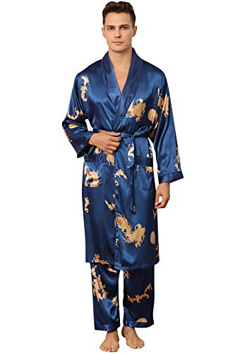 YAOMEI Herren Schlafanzug Morgenmantel, 2-in-1 Bademäntel Kimono + Schlafanzughose, Satin Nachtwäsche Bademantel Robe Negligee locker Schlafanzug Hose (M, Blau 2) von YAOMEI