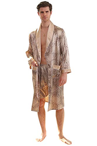 YAOMEI Herren Schlafanzug Morgenmantel, 2-in-1 Bademäntel Kimono + Schlafanzughose, Satin Nachtwäsche Bademantel Robe Negligee locker Schlafanzug Hose (M, Champagner) von YAOMEI