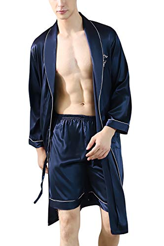 YAOMEI Herren Schlafanzug Morgenmantel, 2-in-1 Bademäntel Kimono + Schlafanzughose, Satin Nachtwäsche Bademantel Robe Negligee locker Schlafanzug Hose (XL, Kurz - Blau) von YAOMEI