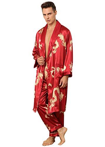 YAOMEI Herren Schlafanzug Morgenmantel, 2-in-1 Bademäntel Kimono + Schlafanzughose, Satin Nachtwäsche Bademantel Robe Negligee locker Schlafanzug Hose (XL, Rot 2) von YAOMEI