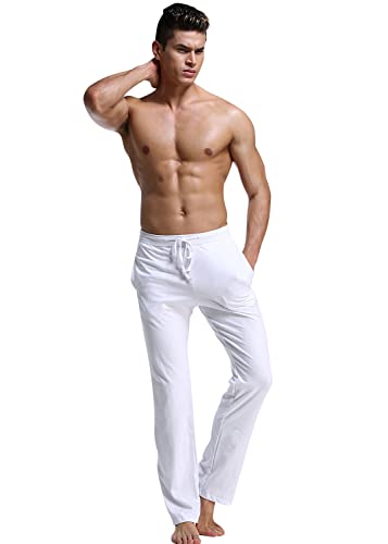 YAOMEI Herren Schlafanzughose Hose Lang, Baumwolle unterwäsche Casual Hosen Nachtwäsche Pyjamahose verstellbarem Elastik-Bund Schlafen Yoga Sport Freizeit (L, Weiß) von YAOMEI