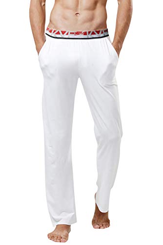 YAOMEI Herren Schlafanzughose Hose Lang, Modal Baumwolle unterwäsche Casual Hosen Nachtwäsche Pyjamahose Elastik-Bund Schlafen Yoga Sport Freizeit (M, Weiß) von YAOMEI