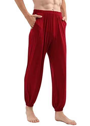 YAOMEI Herren Schlafanzughose Hose Lang, Modale Baumwolle unterwäsche Casual Hosen Nachtwäsche Pyjamahose verstellbarem Elastik-Bund Schlafen Yoga Sport Freizeit (5XL, Dunkelrot) von YAOMEI