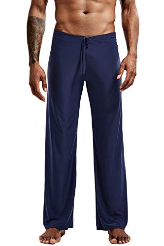 YAOMEI Herren Schlafanzughose Hose Lang, Nylon unterwäsche Casual Hosen Nachtwäsche Pyjamahose verstellbarem Elastik-Bund Schlafen Yoga Sport Freizeit (XL, Marine) von YAOMEI