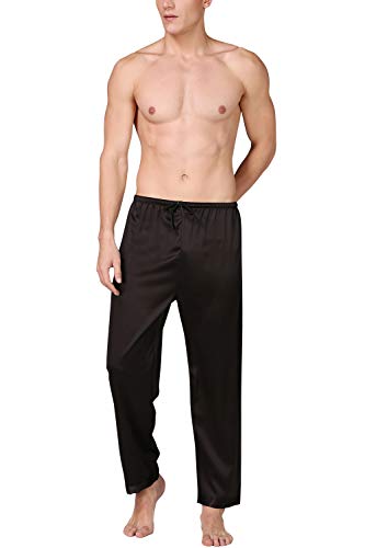 YAOMEI Herren Schlafanzughose Hose Lang, Satin seidig unterwäsche Casual Hosen Nachtwäsche Pyjamahose verstellbarem Elastik-Bund Taschen Schlafen Yoga Sport Freizeit (2XL, Schwarz) von YAOMEI