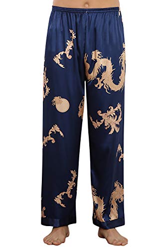 YAOMEI Herren Schlafanzughose Hose Lang, Satin seidig unterwäsche Casual Hosen Nachtwäsche Pyjamahose verstellbarem Elastik-Bund Taschen Schlafen Yoga Sport Freizeit (Blauer Drache, 2XL) von YAOMEI