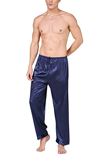 YAOMEI Herren Schlafanzughose Hose Lang, Satin seidig unterwäsche Casual Hosen Nachtwäsche Pyjamahose verstellbarem Elastik-Bund Taschen Schlafen Yoga Sport Freizeit (M, Blau) von YAOMEI