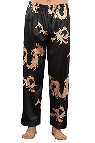 YAOMEI Herren Schlafanzughose Hose Lang, Satin seidig unterwäsche Casual Hosen Nachtwäsche Pyjamahose verstellbarem Elastik-Bund Taschen Schlafen Yoga Sport Freizeit (Schwarzer Drache, L) von YAOMEI