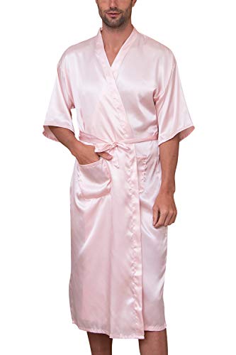 YAOMEI Unisex Damen Herren Morgenmantel Bademäntel Kimono Lang, Satin Nachtwäsche Bademantel Robe Negligee locker Schlafanzug mit V Ausschnitt mit Gürtel Taschen (2XL, Rosa) von YAOMEI