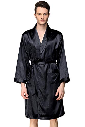 YAOMEI Unisex Damen Herren Morgenmantel Bademäntel Kimono Lang, Satin Nachtwäsche Bademantel Robe Negligee locker Schlafanzug mit V Ausschnitt mit Gürtel Taschen Größe 5XL (5XL, Schwarz) von YAOMEI