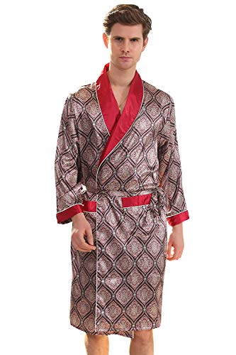 YAOMEI Unisex Damen Herren Morgenmantel Bademäntel Kimono Lang, Satin Nachtwäsche Bademantel Robe Negligee locker Schlafanzug mit V Ausschnitt mit Gürtel Taschen Größe 5XL (M, RotI) von YAOMEI