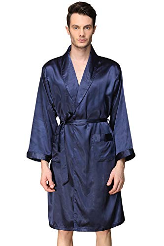 YAOMEI Unisex Damen Herren Morgenmantel Bademäntel Kimono Lang, Satin Nachtwäsche Bademantel Robe Negligee locker Schlafanzug mit V Ausschnitt mit Gürtel Taschen Größe 5XL (XL, Blau) von YAOMEI