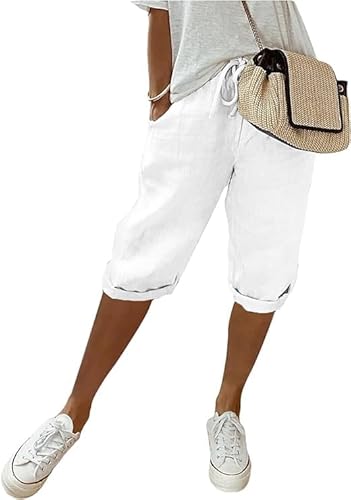 YAQUEKOU Sommerhose Damen Leicht Leinenhose Sommer Kurze Hosen Luftig Hohe Taille Caprihose Einfarbig Strandhose Stoffhose Pants (DE/NL/SE/PL, Alphanumerisch, 3XL, Regular, Regular, Standard, Weiß) von YAQUEKOU