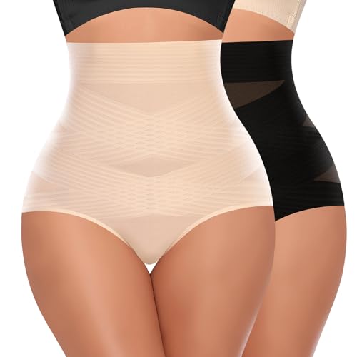 YARRCO Bauchweg Unterhose Damen Shapewear Miederhose Hohe Taille Miederslips Body Shaper Figurformende Unterwäsche (Schwarz+Beige, 2XL) von YARRCO