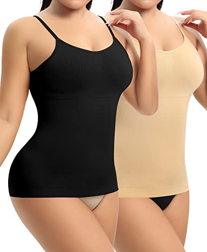 YARRCO Damen Shape Unterhemd Bauchweg Hemdchen Shapewear Trägertop Spaghettiträger Shaping BH Hemd Formendes Top Body Shaper Nahtloses Figurformendes Tanktop (Schwarz+Beige, 2XL) von YARRCO