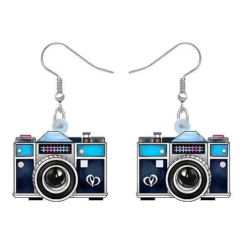 YAYAKO Acryl Vintage Kassetten Band Ohrringe Baumeln Alte Kamera Radio Schmuck Neuheit Geschenke für Frauen Mädchen Charms Zubehör (Kamera Blau) von YAYAKO