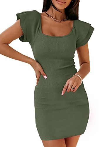 YBENLOVER Damen Bodycon Kleid Sexy Partykleid Einfarbig Minikleid Kurzarm Freizeitkleid Rüschen Abendkleid (L, Armeegrün) von YBENLOVER