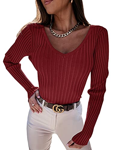 YBENLOVER Damen Langarmshirt V-Ausschnitt Sweater Casual Einfabrig Tops Warm Strickpullover Basic Oberteile (M, Weinrot) von YBENLOVER