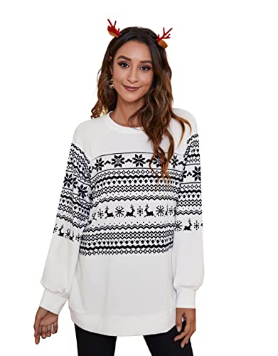 YBENLOVER Damen Pullover Weihnachten Sweatshirts Xmas Langarm Tops Christmas Sweater Jumper (XL, Z-Weiß) von YBENLOVER