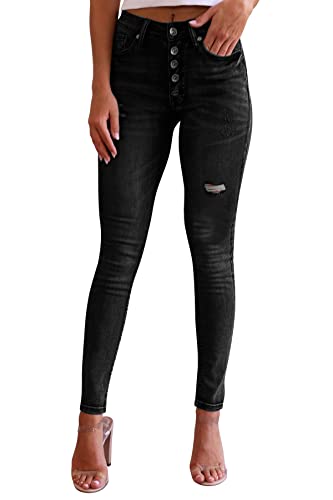 YBENLOVER Damen Skinny Jeans High Waist Deinm Jeggings Knopfleiste Stretch Hose mit Taschen Pants Legging (XS, Z-Schwarz) von YBENLOVER