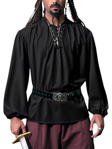 YBENLOVER Herren Mittelalter Hemd Stehkragen Schnürhemd Renaissance Viktorian Viking Kostüm V-Ausschnitt Piratenhemden (XXXL, Schwarz) von YBENLOVER