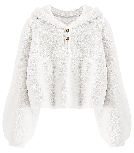 YBENLOVER Kinder Mädchen Kapuzenpullover Fleece Hoodie Sherpa Sweatershirt Warm Teddy Pulli, Weiß, 7-8 Jahre von YBENLOVER