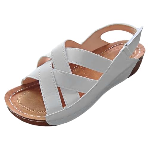 YCBMINGCAN Damen Casual Side Hollow Gürtelschnalle Flache römische Schuhe Sommermode Damen Sandalen Schuhe Damen 40 (White, 37) von YCBMINGCAN