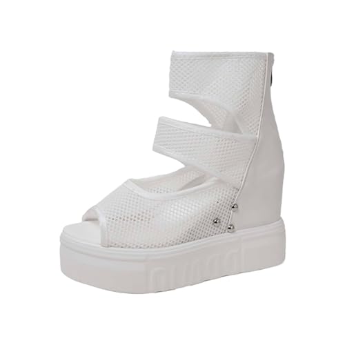 YCBMINGCAN Damen Fischmaulsandalen Keilabsatz Plateau Plateausandalen Boho Sandalen Sommermode Strandsandalen Plateausandalen Hohe Schuhe Damen Schwarz Mit Absatz Und Schnürsenkel (White, 40) von YCBMINGCAN