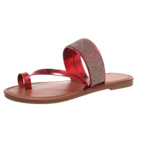 YCBMINGCAN Damen Sommer Hausschuhe mit Flacher Sohle und Rautenmuster, große offene Zehenpartie, Strand-Hausschuhe Damenschuhe Mokassin (Red, 35) von YCBMINGCAN