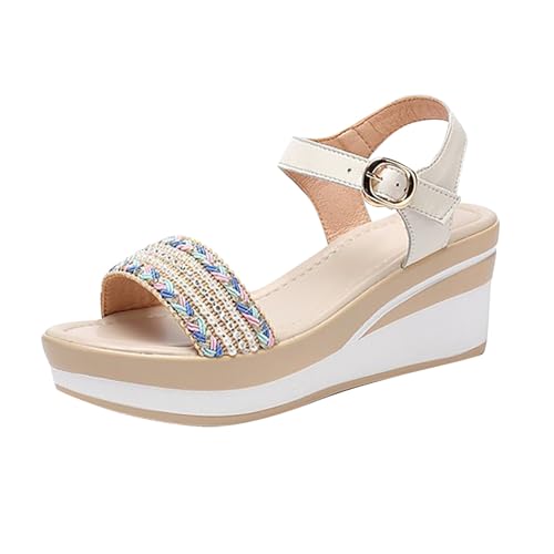 YCBMINGCAN Damen Sommer Sandalen mit runder Zehenpartie und Strasssteinen, Keilabsatz, dickbesohlte römische Biskuitschuhe Festliche Schuhe Damen (White, 36) von YCBMINGCAN