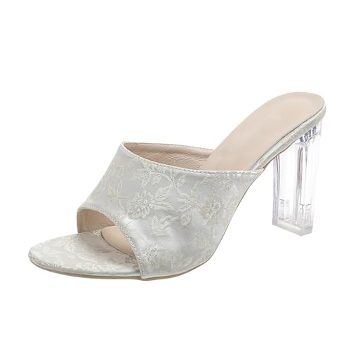 YCBMINGCAN Damen-Sommer-Slipper mit transparentem Kristallabsatz, One-Line-Hausschuhen mit dicken Absätzen und großen Hausschuhen mit Blumendruck Antirutsch Schuhe Damen (White, 40) von YCBMINGCAN