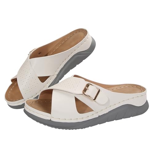 YCBMINGCAN Damen Sommer-Strandschuhe mit geneigtem Absatz und Fischgrätenmuster, übergroße Sandalen und Hausschuhe Damenschuhe Sommerschuhe 40 (White, 37) von YCBMINGCAN