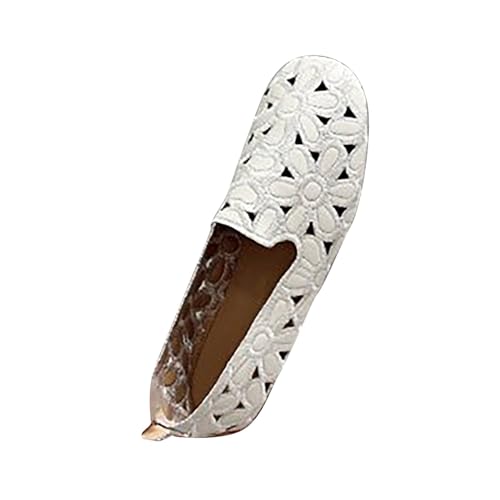 YCBMINGCAN Damenschuhe mit quadratischer Zehenpartie, Flacher, Flacher Unterseite, hohl, einfarbig, Blumen-Freizeitschuhe Canvas Schuhe Damen (White, 36) von YCBMINGCAN