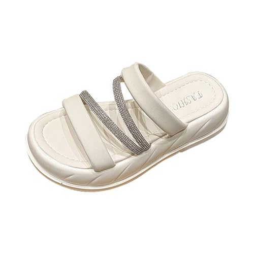 YCBMINGCAN Modische Sandalen mit dicker Sohle und Strasssteinen für Damen, Sommer-Hausschuhe mit runder Spitze Monk Schuhe Damen (White, 38) von YCBMINGCAN