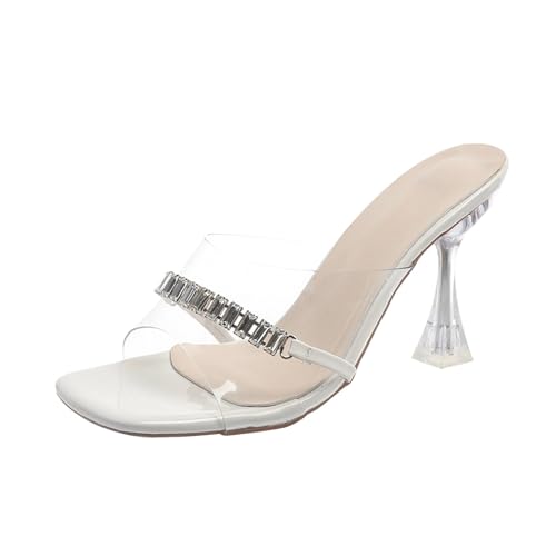 YCBMINGCAN Transparente Hausschuhe für den Sommer mit gerader Linie und schmalem Absatz und mittlerem Absatz für Damen Damen Schuhe Frühling (White, 37) von YCBMINGCAN